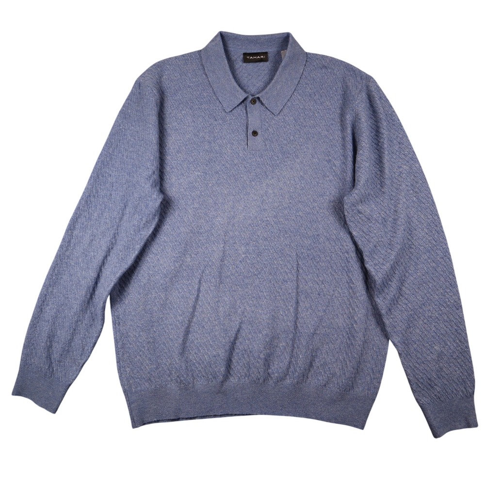 Tahari Mens Blue Textured Thick Knit Long Sleeve Polo Sweater‎ LG Soft 90s Y2K